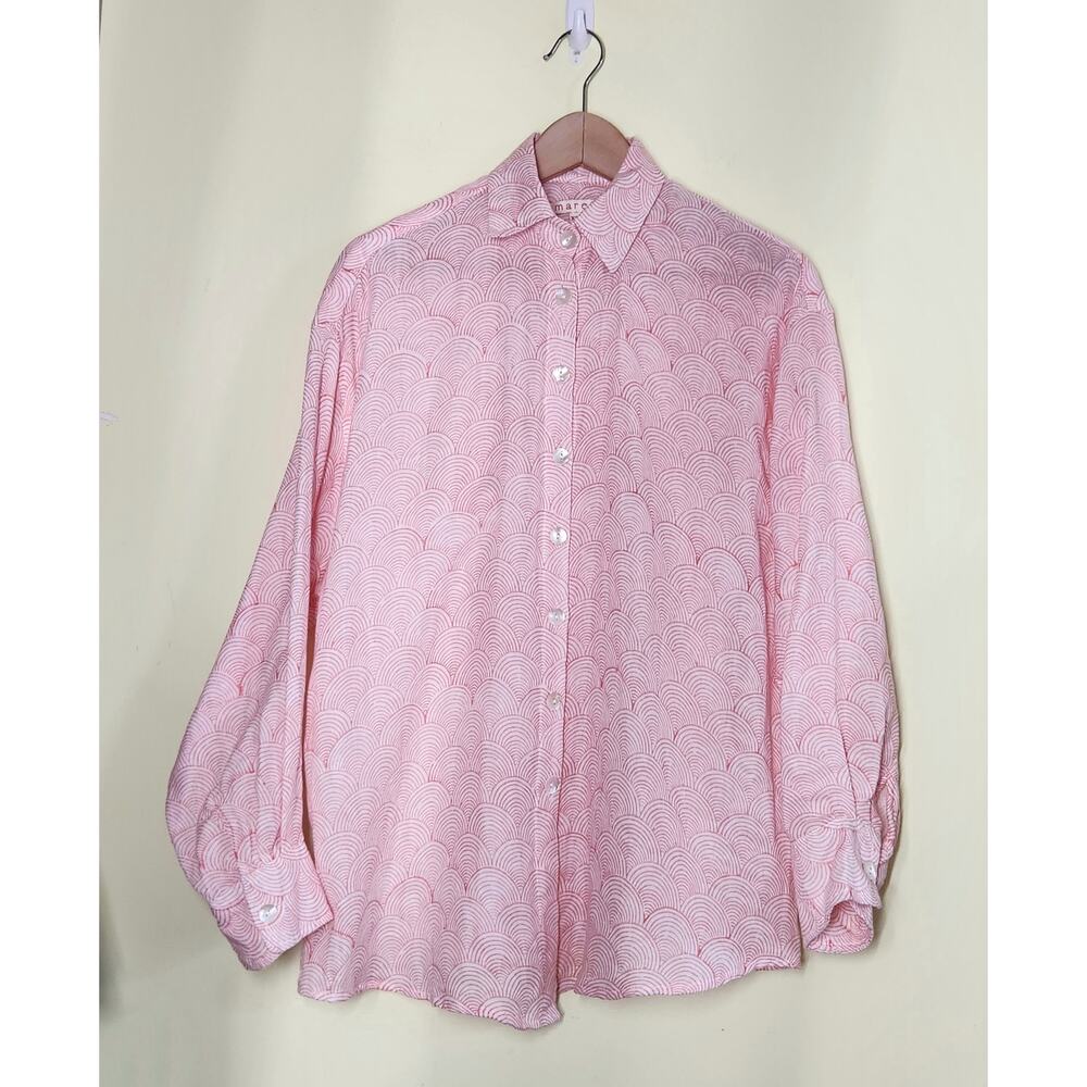 Marea Button Down Shirt Womens XS Pink White Geo Print Long Sleeve Cotton Luxe